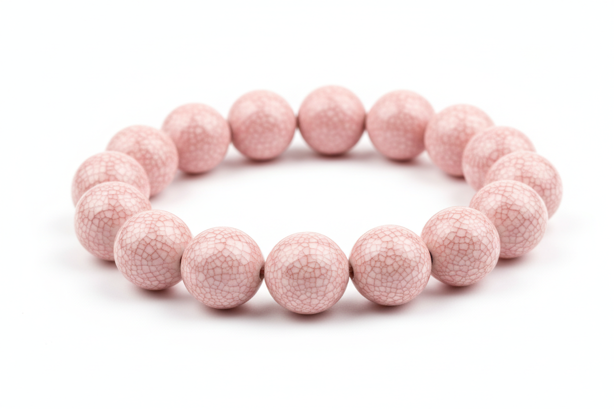 an ice crackled glaze beaded porcelain bracelets in Lotus Blush pink on top of each bead on a white background