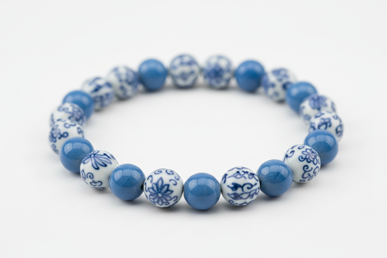 a beaded porcelain bracelet made with small medium-blue beaded and small qinghua blue-and-white beaded