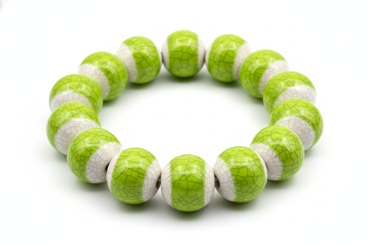 a beaded porcelain bracelet with ice crackled glaze in bright green on top of each bead on a white background