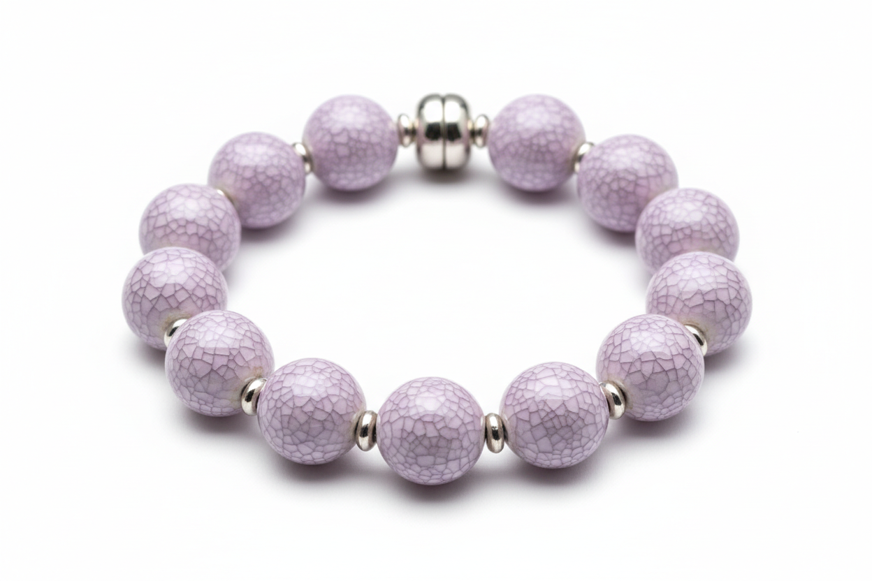 a beaded porcelain bracelets with ice crackled glaze in lavender mist on top of each bead on a white background