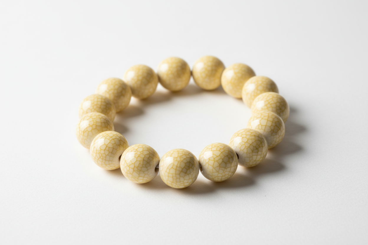 a beaded porcelain bracelets with ice crackled glaze in light yellow on top of each bead on a white background