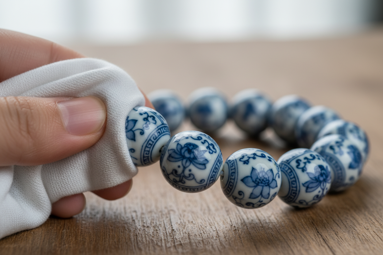a close up of a qinghua blue-and-white porcelain beaded bracelets being wiped by cloth