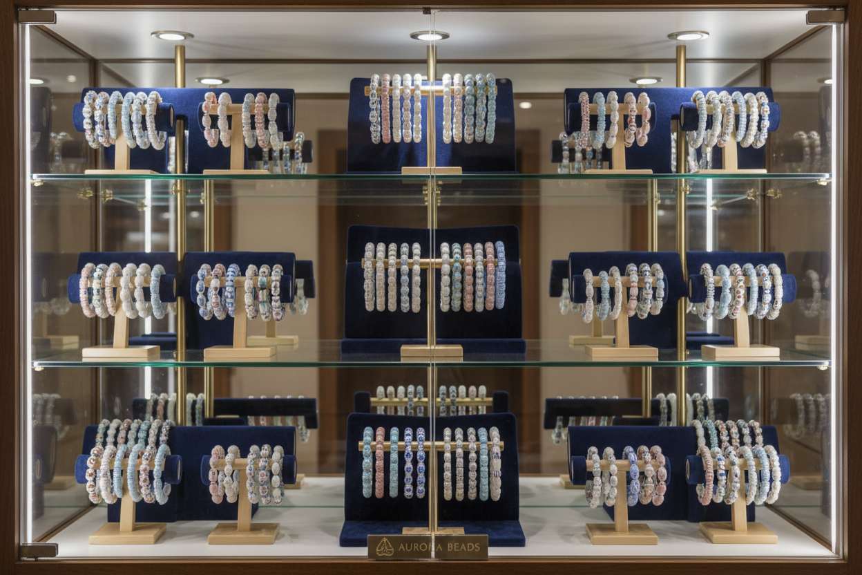A display cupboard storage full of BEADED-porcelain bracelets on the jewellery racks