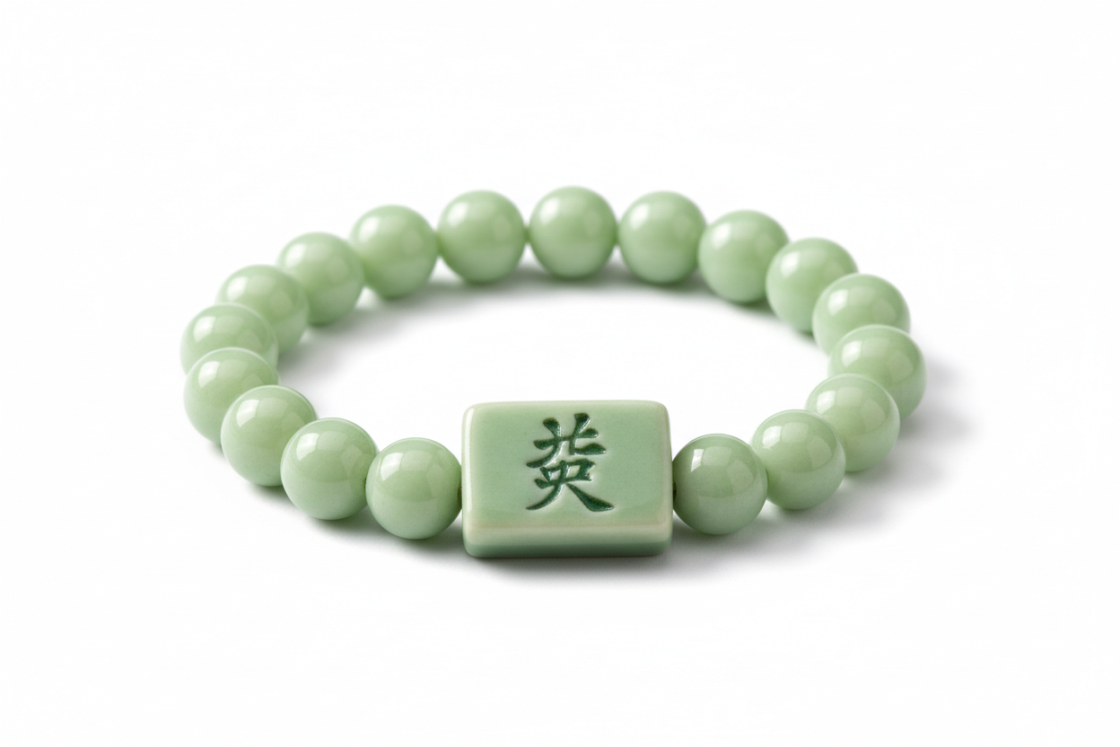a light green beaded porcelain bracelet with an embossed green "發" mahjong tile in the middle of the product on a white background