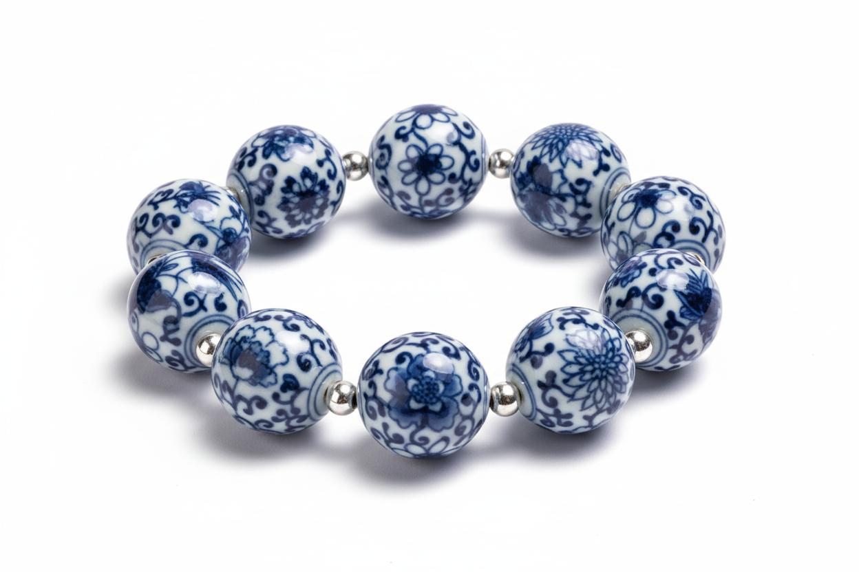 A Qinghua (blue-and-white paint) porcelain wristlet product on a white background