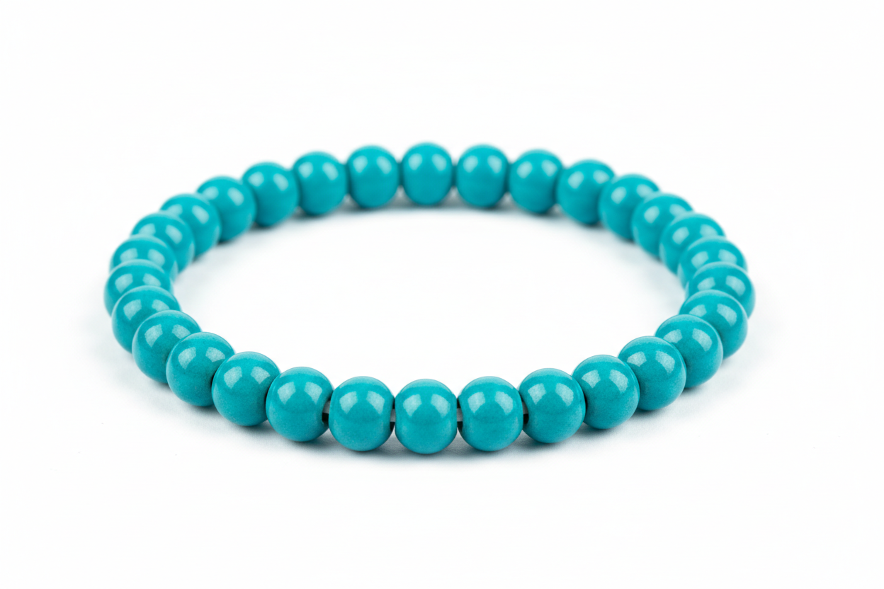 a small beaded porcelain bracelets in vibrant medium blue-green glaze on a white background