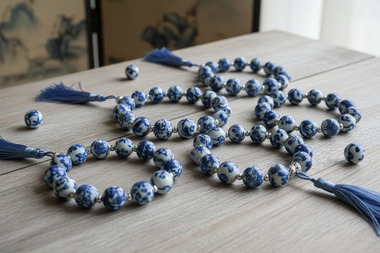 A table full of Qinghua blue-and -white beaded porcelain bracelets displayed