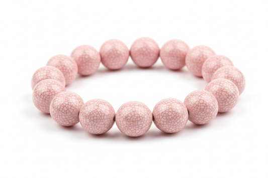 an ice crackled glaze beaded porcelain bracelets in Lotus Blush pink on top of each bead on a white background