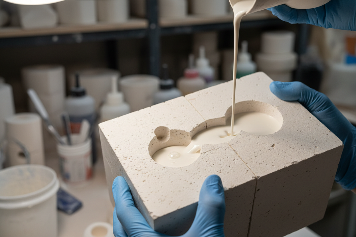 Casting: liquid porcelain poured into plaster moulds with a small hole