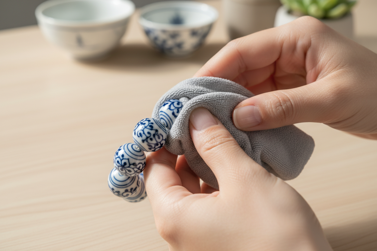 Clean a beaded porcelain bracelet gently with a soft dry cloth