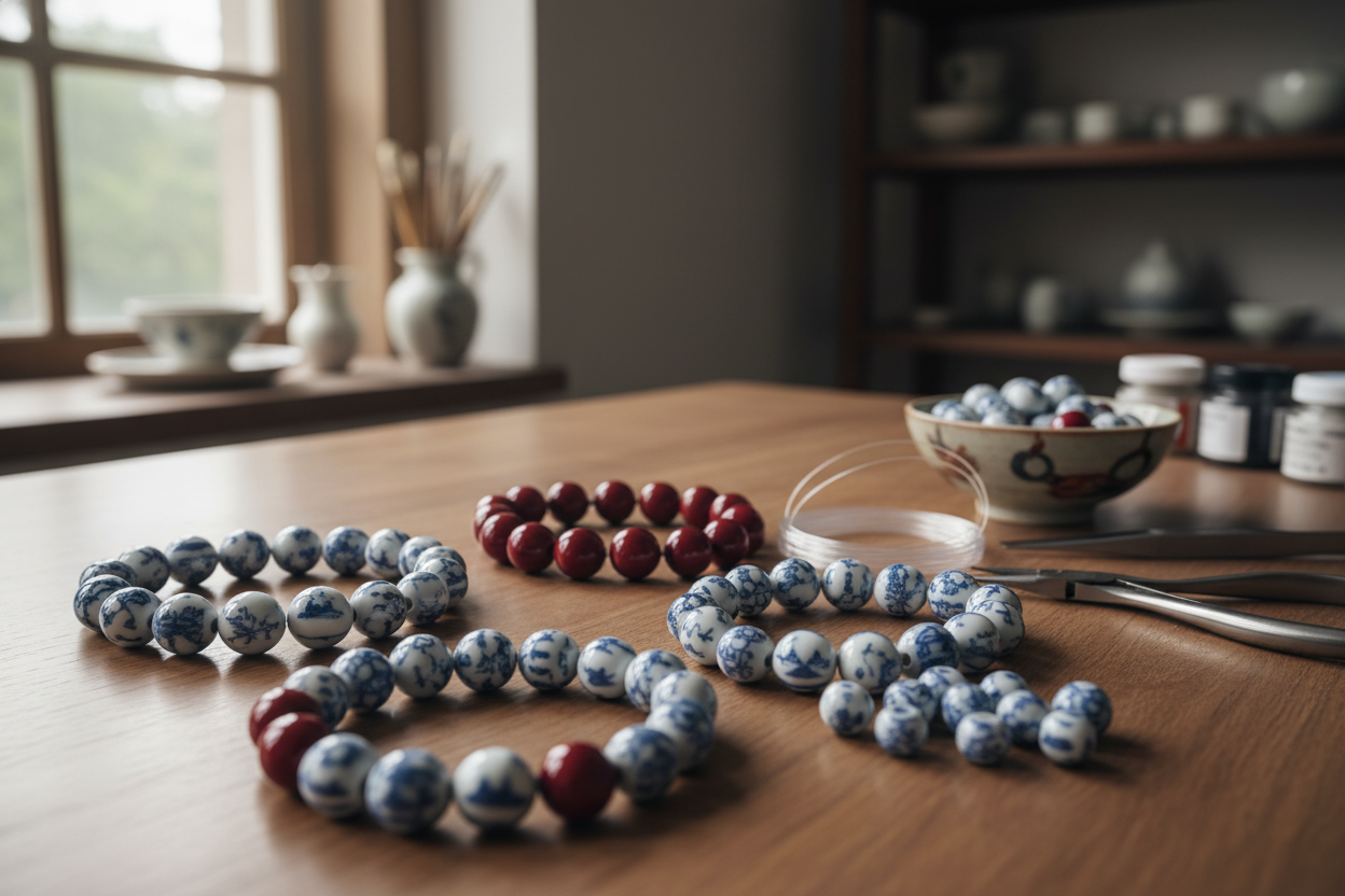 crafting and designing different patterns of qinghua blue-and-white beaded porcelain bracelets and other red beaded porcelain bracelets
