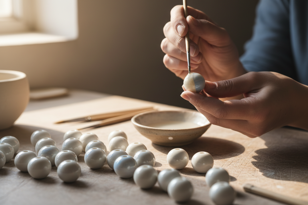 Glazing porcelain beads by hand for luminosity.