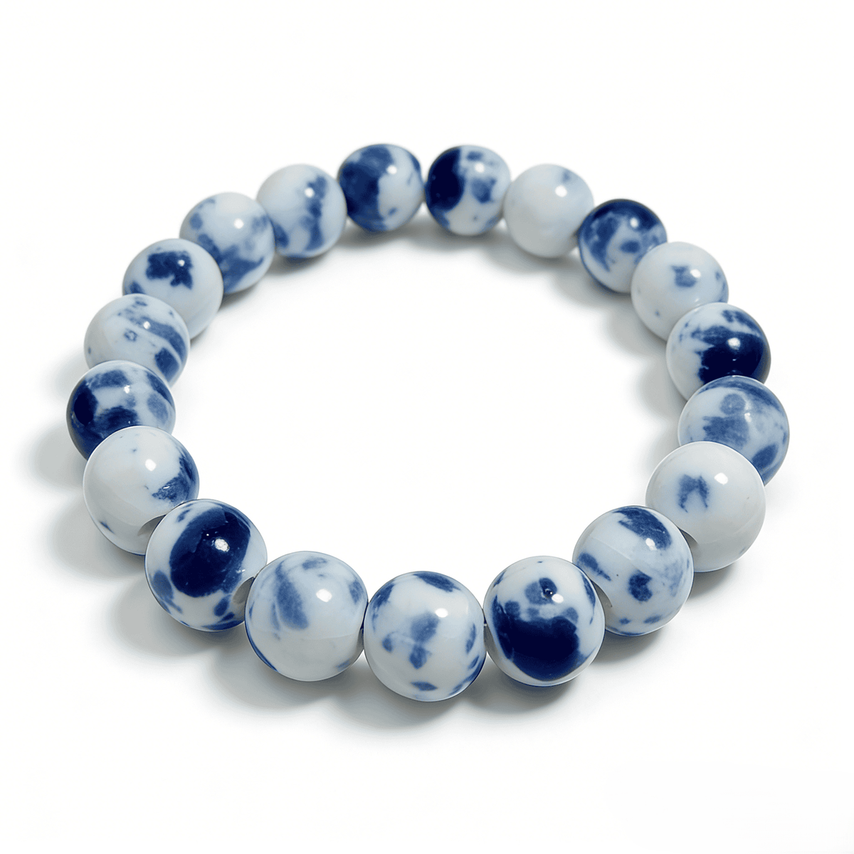 LUMI handmade Jingdezhen blue-and-white (qing hua) porcelain ceramic bead bracelet, 10mm, side view