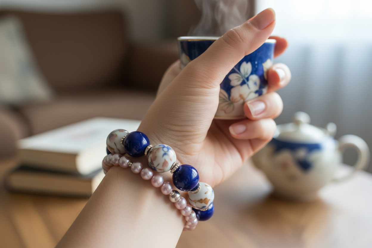 Stack one big beaded porcelain bracelet and one small beaded one together in a hand holding a cup of tea