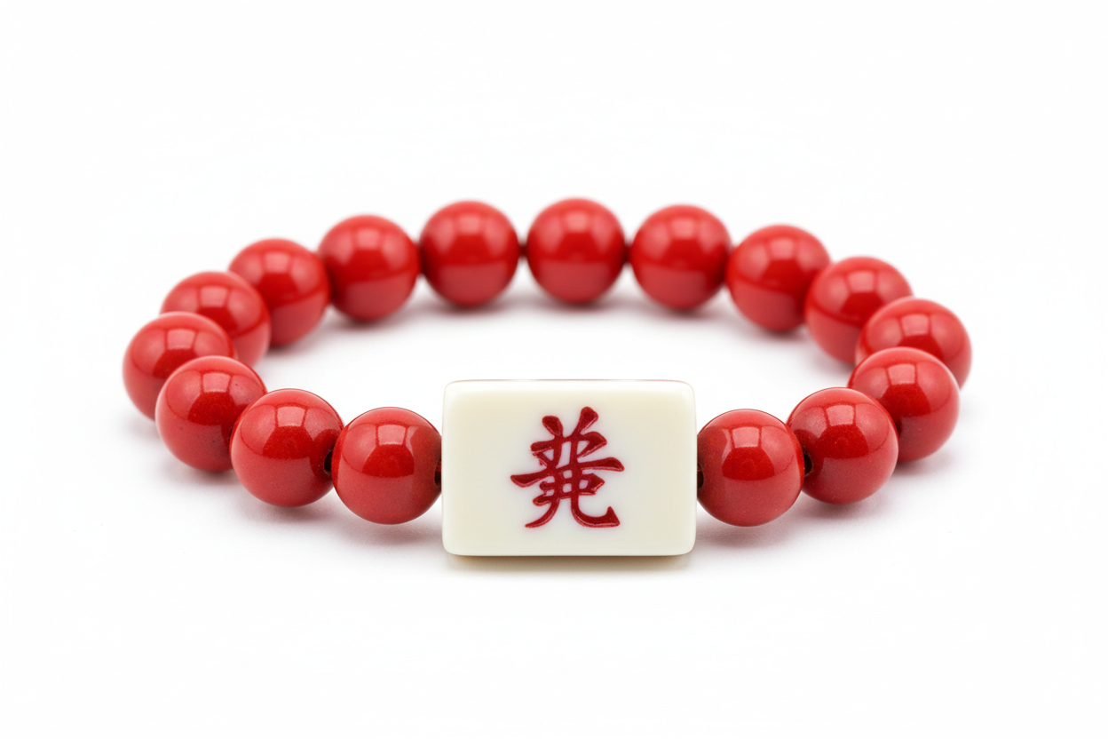 Red beaded bracelet with a white tag featuring red characters on a white background