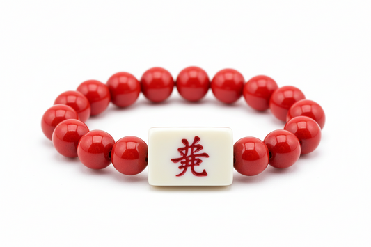 Red beaded bracelet with a white tag featuring red characters on a white background